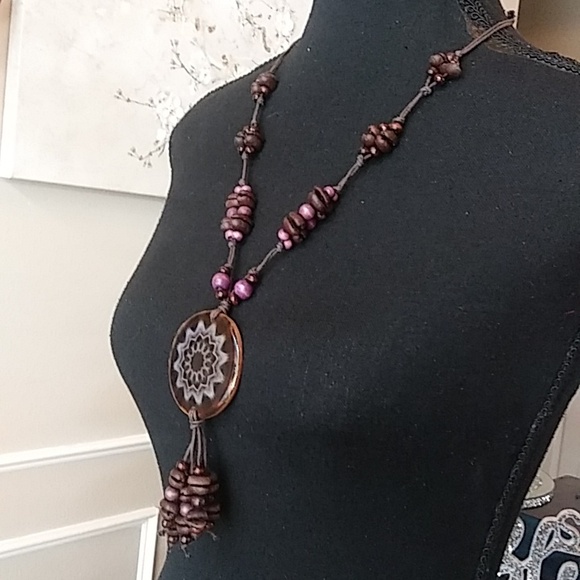 Coffee Bean Necklace With Floral Disk Pendant - Picture 14 of 17